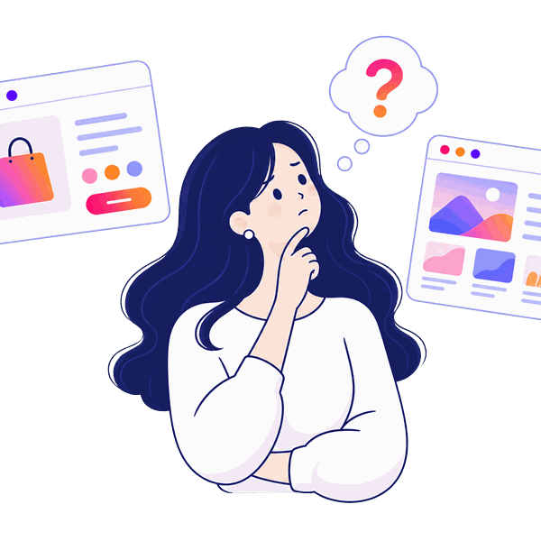サイトの見本を前にして、どれにするか決めきれず考えている人のイラスト。