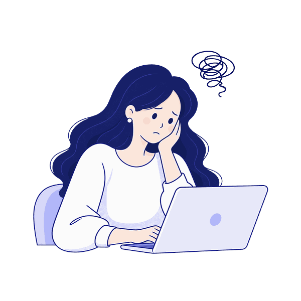 ノートパソコンに向かったまま、思うように進まず困っている人のイラスト。