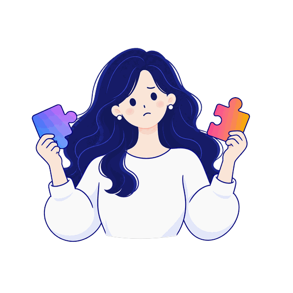 パズルのピースを両手に持って、組み合わせ方に迷っている人のイラスト。