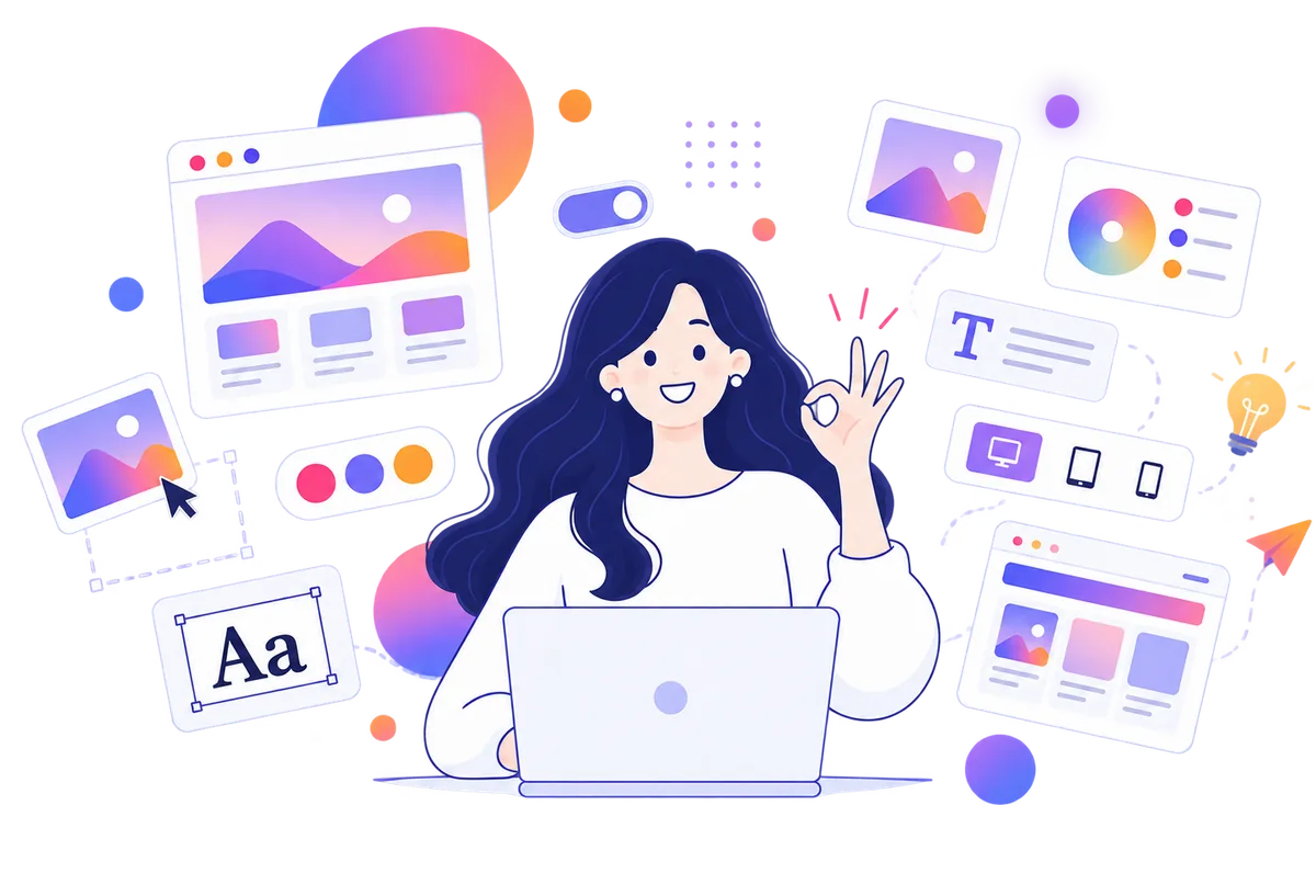 ノートパソコンの前で笑顔でOKサインをしている人のイラスト。